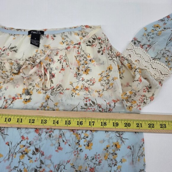 Rue21 Floral Crochet Boho Top S Sheer Long Sleeve Peasant Blouse Festival - Picture 14 of 16